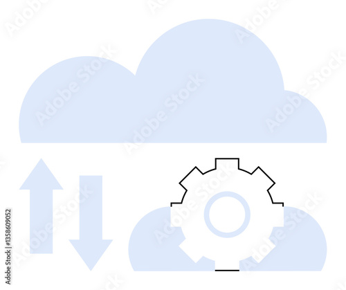 Cloud shapes with up and down arrows beside a gear represent data exchange, cloud technology, collaboration, software development, automation, IT systems, and digital workflow. Flat simple metaphor