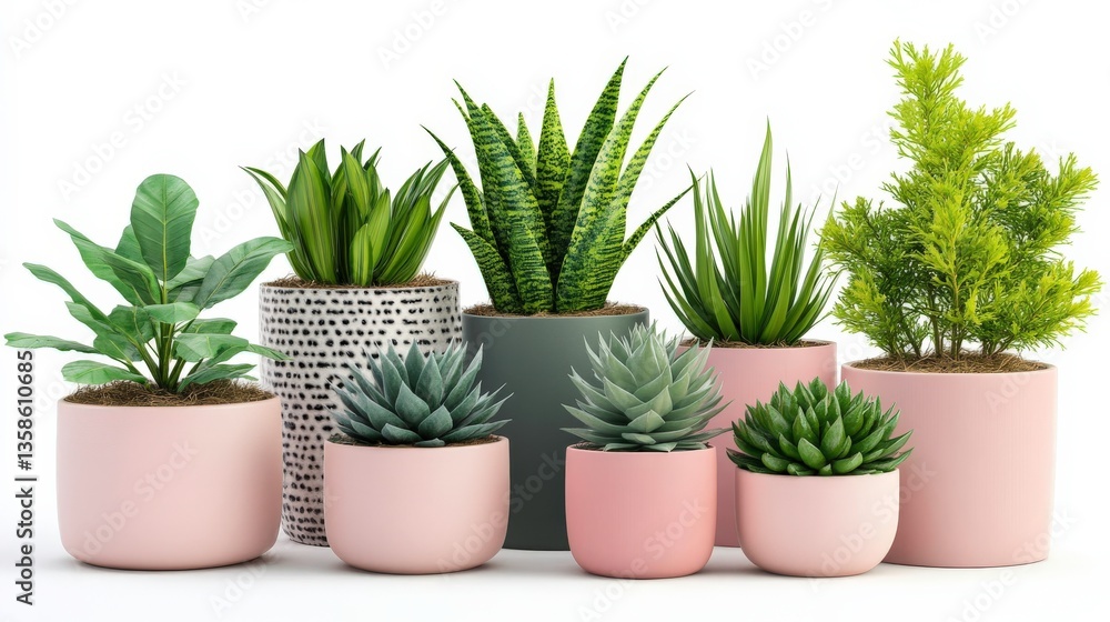 Obraz premium Vibrant Seasonal Plants in Pastel Pots on White Background