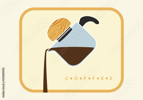 Vector illustration set of freshly roasted and ground coffee drinks. Aromatic. Black coffee is poured from a kettle. Cute minimalist style graphics. Isolated on a background. For food, beverage, cafe 