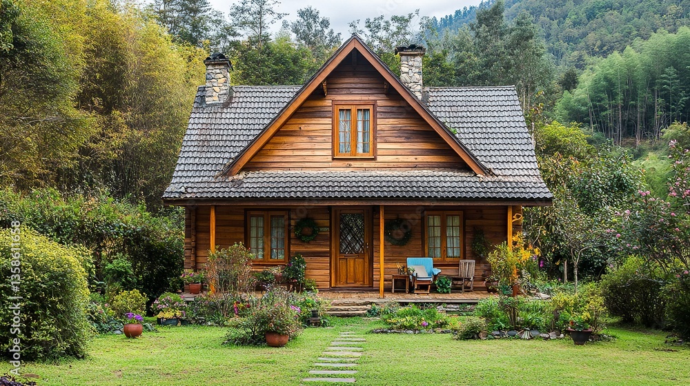 Fototapeta premium A charming cottage-style house with a dormer roof, wooden siding, and neatly trimmed accents, blending classic design with rustic appeal. 