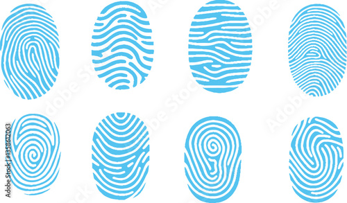 Group of Finger Print on white Paper. Blue and White.