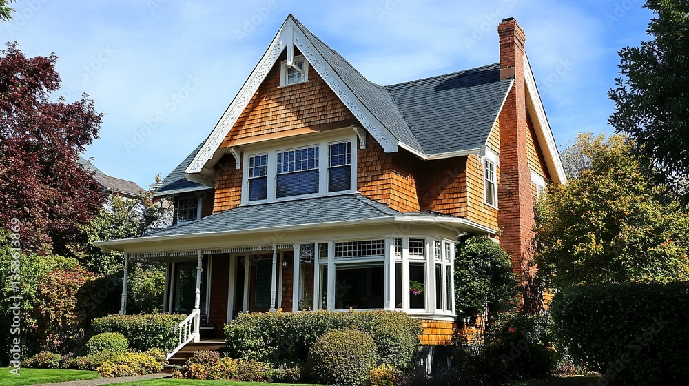 A classic house exterior featuring a dormer roof, with neatly trimmed shingles and white-framed windows, emphasizing traditional architectural charm. A classic house exterior featuring a dormer roof, with neatly trimmed shingles and white-framed windows, emphasizing traditional architectural charm.