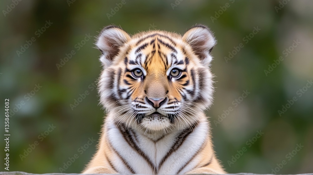 Fototapeta premium Adorable tiger cub, close-up view, facing forward, with striking stripes and a curious expression, amidst a natural backdrop
