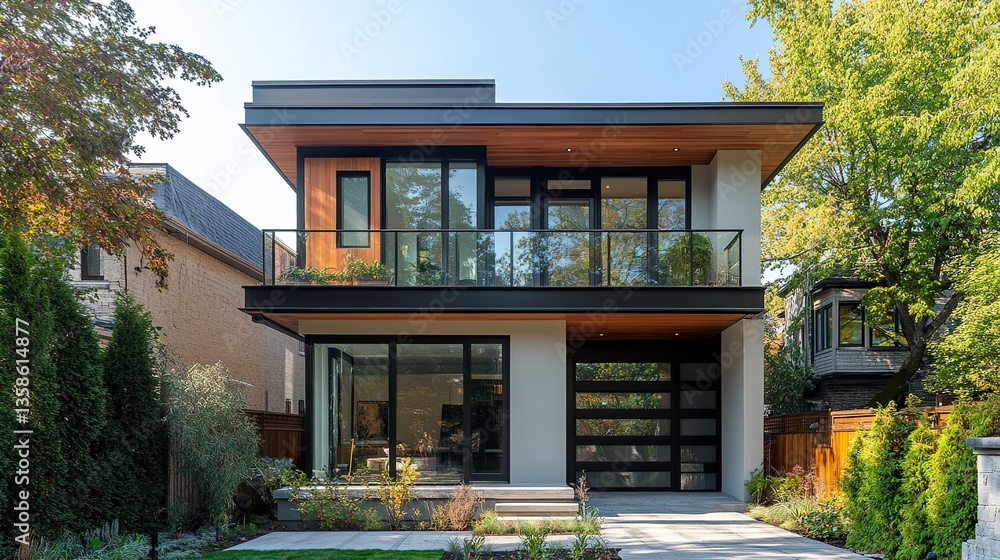 Fototapeta premium A clean-lined modern home with an open balcony on the upper level, its exterior bathed in warm sunlight, located on a serene urban street. 