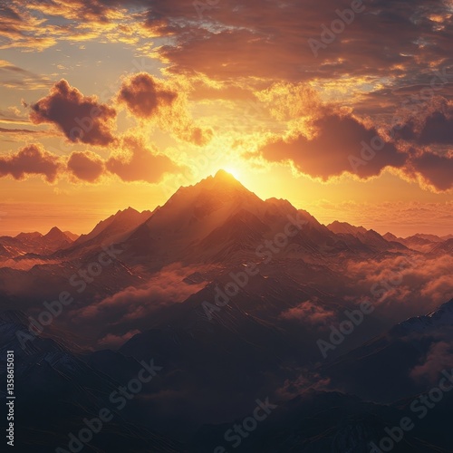 Breathtaking sunrise over majestic mountain peaks illuminated by warm golden light.