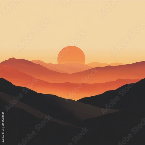 Sunset over mountains creating a serene and vibrant atmosphere.