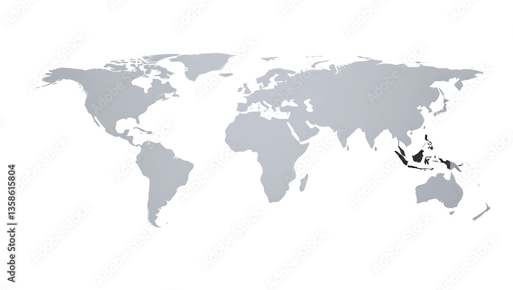 Obraz premium Geographic World Map Vector: Gray Scale Global Navigation with Continents Outline and Country Symbols for Travel and Education