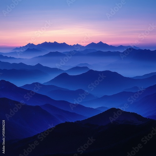 Majestic mountain silhouette at twilight, showcasing layers of blue and purple hues.