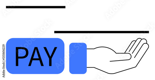 Blue pay button alongside an open hand symbolizing digital transaction, payment, charity, or service. Ideal for fintech, e-commerce, donations, app UI, cashless systems user flow flat simple