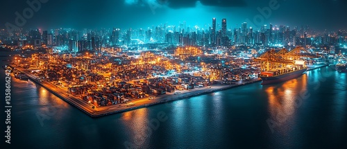 Aerial view of an industrial port city at night time