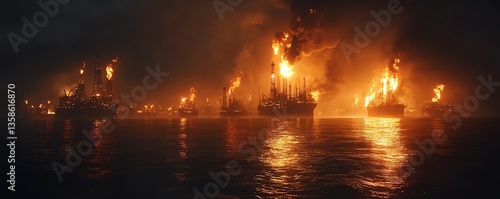 Dramatic night scene of oil rigs with intense flames illuminating the dark ocean, industrial energy, fiery atmosphere, otherworldly environment, 8K UHD