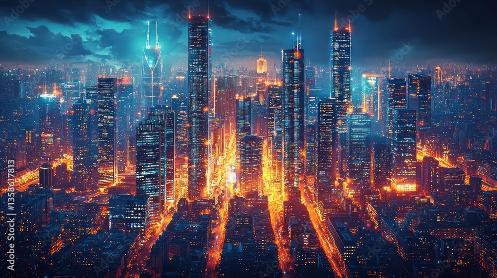 Fototapeta premium Night Metropolis: A Glowing Cityscape