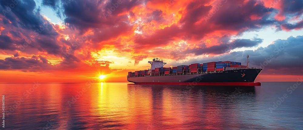 Naklejka premium A cargo ship is sailing during a beautiful sunset on the ocean