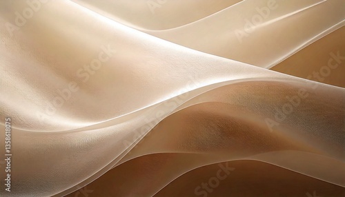 シルクのようなベージュの布、光を透かす柔らかな素材、ナチュラルな色合いの背景、優雅に揺れる布の曲線、透け感のあるテクスチャ、上品なファブリック、エレガントな抽象デザイン、滑らかな布の流れ、落ち着いた色調の背景、自然なグラデーション