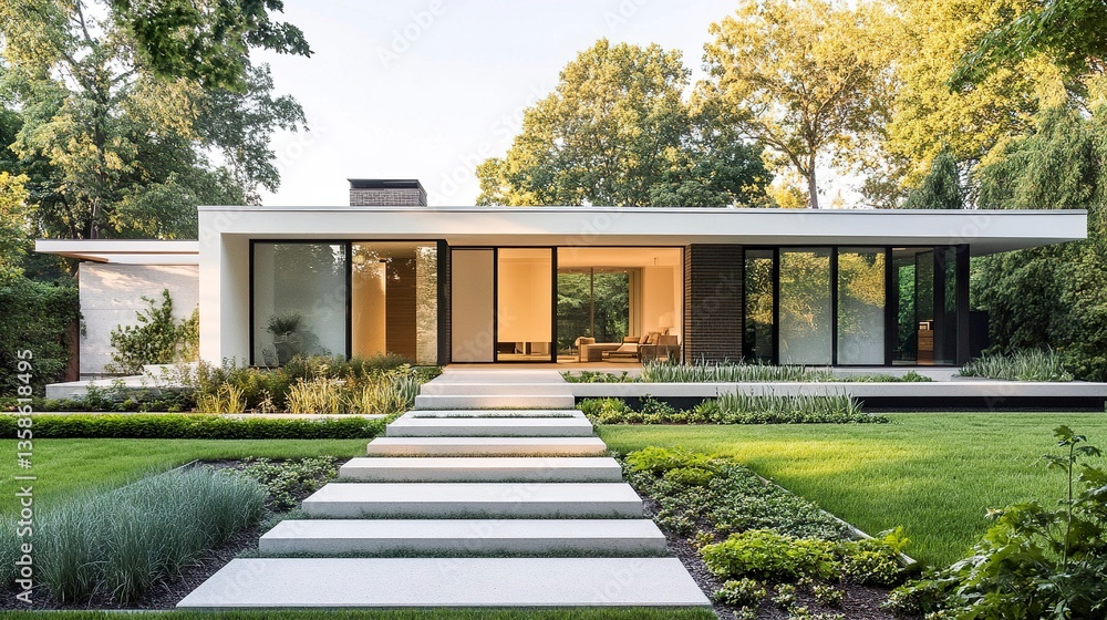 Fototapeta premium A contemporary suburban home featuring a flat roof, neutral tones, and a simple garden with vibrant greenery, set against a crisp white backdrop. 