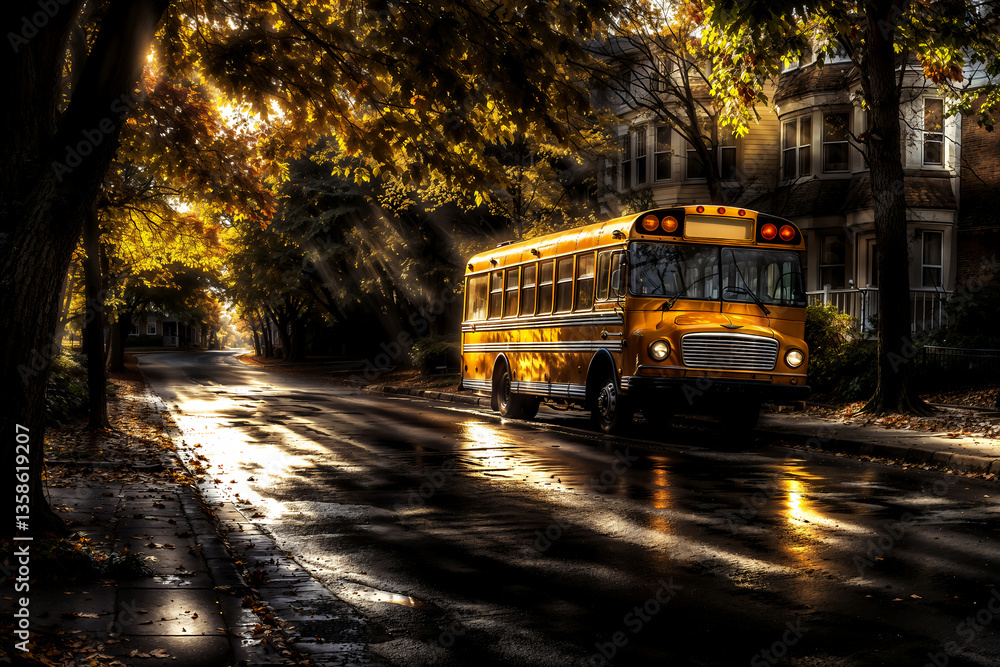 Obraz premium Yellow school bus parked on wet suburban street during sunrise with golden autumn trees and warm sun rays