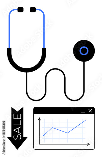 Stethoscope connected to a downward arrow and a graph depicting rising data. Ideal for healthcare, medical costs, trends, analysis, diagnostics, finance, and impact. Flat simple metaphor