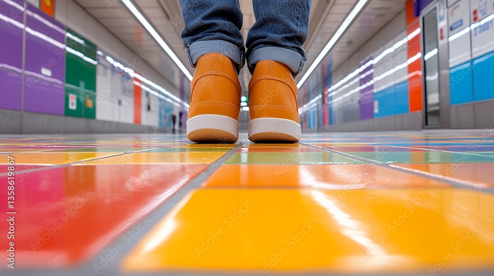 Obraz premium Orange Sneakers Standing on Colorful Subway Floor with Bright Lights Perspective