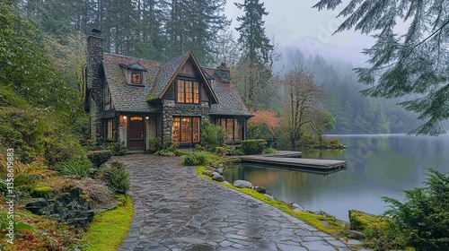 Wallpaper Mural A cozy cottage-style house on the lake, with a stone pathway leading to a private dock, nestled among tall trees.   Torontodigital.ca