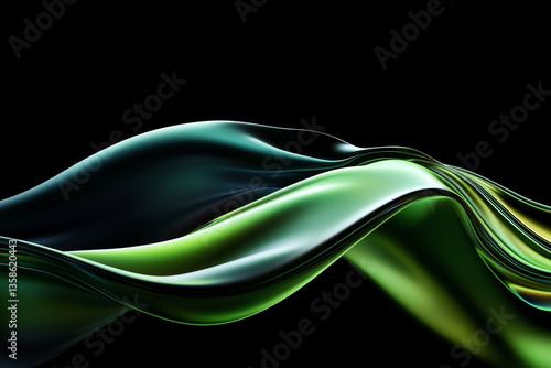 Abstract dark green curved wave fluids flowing on black background,transparent gradient glass flow background for banner wallpaper poster cover design with design