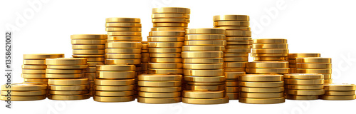 3D gold casino chips, stacks of golden coins isolated on a transparent background png