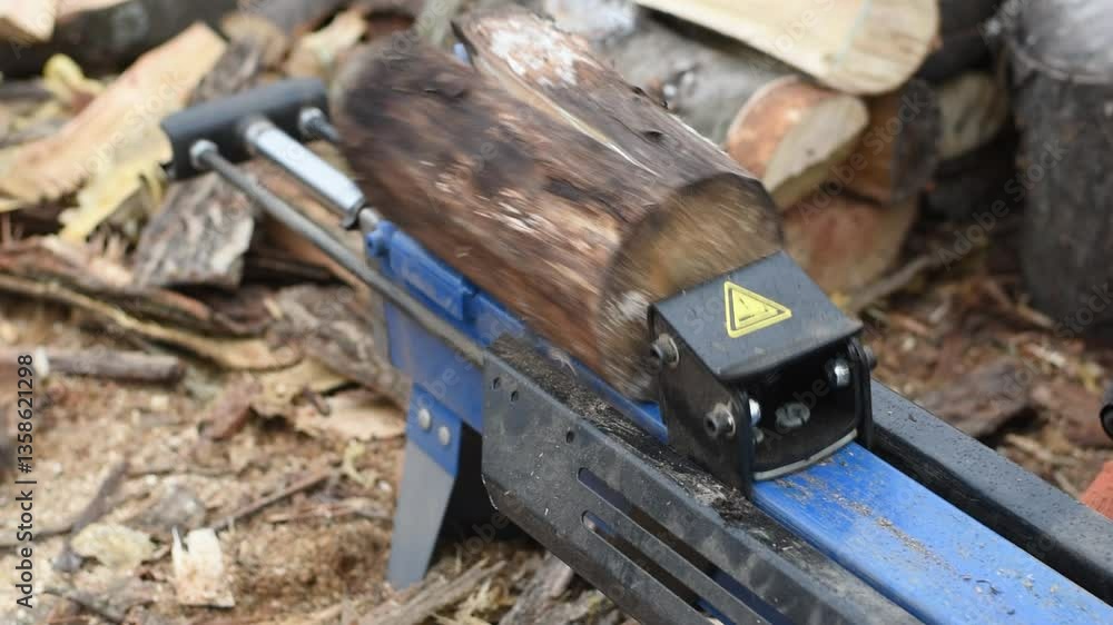 Hydraulic wood splitter splits wormwood. Preparation for the winter.