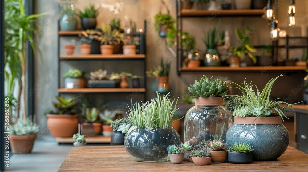 Fototapeta premium 17.A vibrant botany-themed interior showcasing air plants in glass terrariums, ceramic planters of various shapes, and small succulents on a wooden table, creating a harmonious, modern aesthetic.