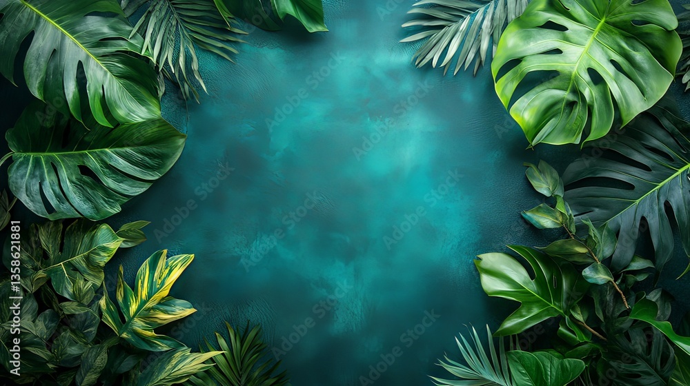 Fototapeta premium Lush Tropical Greenery: A Vibrant Teal Background