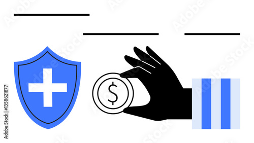 Black hand holding coin with dollar sign beside blue shield with medical cross. Ideal for finance, savings, healthcare access, medical costs, budget management, economy, flat simple metaphor