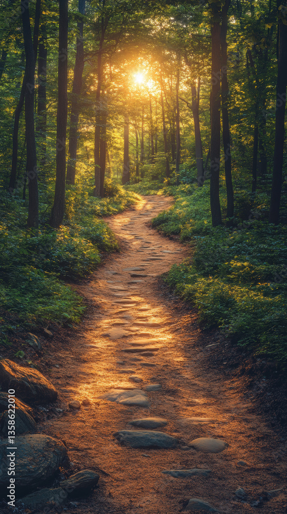 Fototapeta premium Autumn sunrise in the forest with a peaceful path through colorful trees and fallen leaves