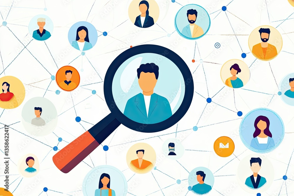 A modern vector illustration of a magnifying glass hovering over diverse employee icons in a network. A modern vector illustration of a magnifying glass hovering over diverse employee icons in a network.