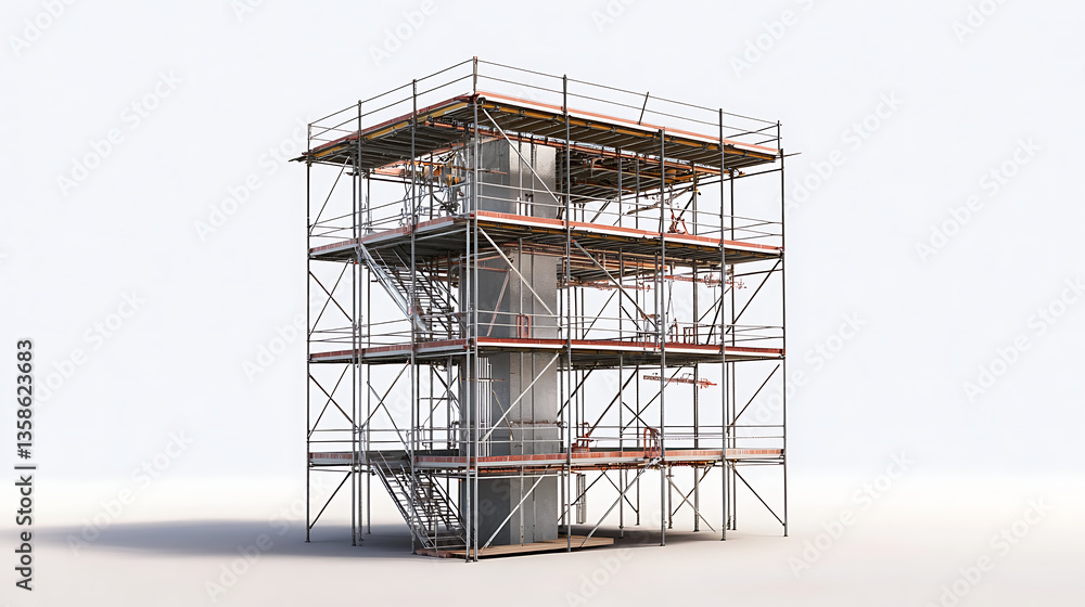 Fototapeta premium Steel Scaffolding Construction Against White Background With Multiple Levels and Orange Details for Building Support