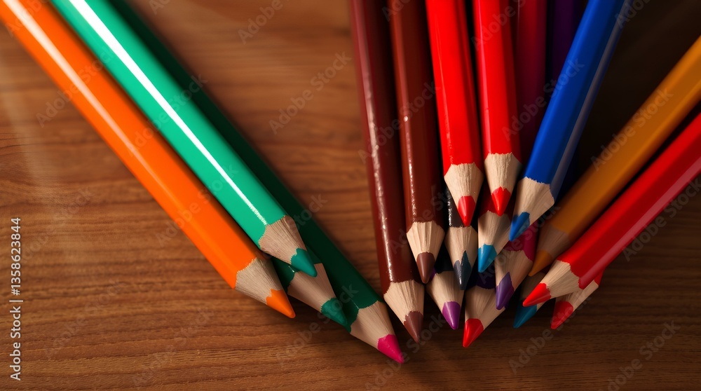 Fototapeta premium Vibrant Spectrum of Creativity: A Stunning Fan-Like Arrangement of Sharpened Colored Pencils on a Warm Wooden Surface