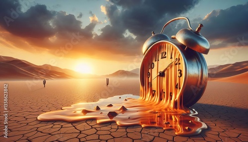 A clock melting in a surreal desert landscape