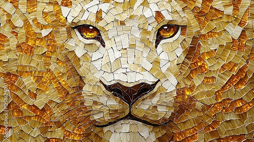 Detailed mosaic lion portrait in warm colors