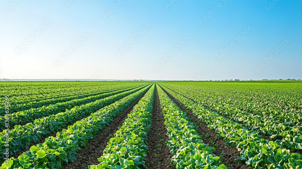 A lush organic farm with rows of crops under a clear blue sky, advertising style, copy space. Product photography with high resolution, advertising style A lush organic farm with rows of crops under a clear blue sky, advertising style, copy space. Product photography with high resolution, advertising style