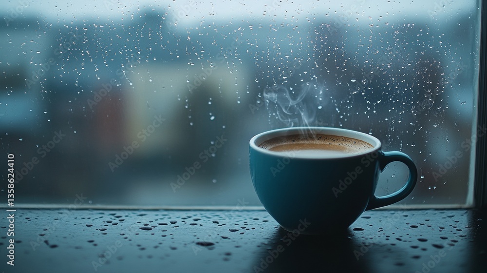 Obraz premium 56.A moody scene of a steaming coffee cup placed on a windowsill, with raindrops streaking down the glass and the blurred outline of a gray, rainy day outside.
