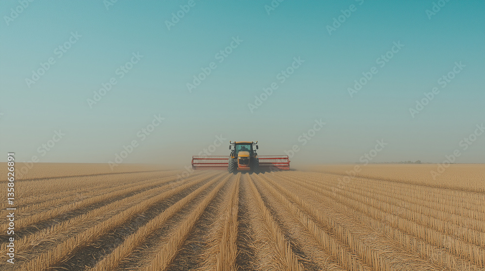 Fototapeta premium Tractor Harvesting Wheat Field on a Hazy Summer Day.