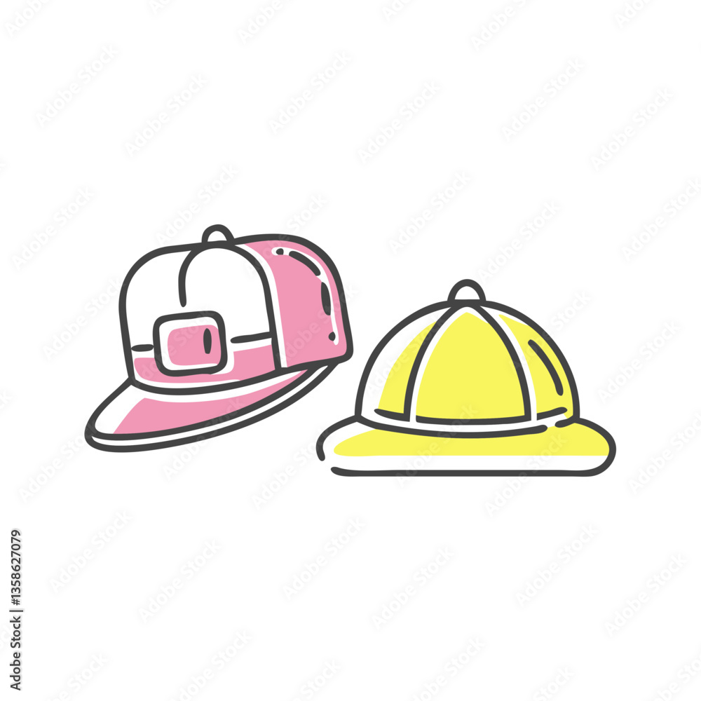 Pink and yellow baseball cap icon for fashion and accessories Pink and yellow baseball cap icon for fashion and accessories