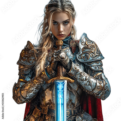 A Fearless Warrior Princess with Ornate Armor Holding a Sword Isolated on Transparent Background