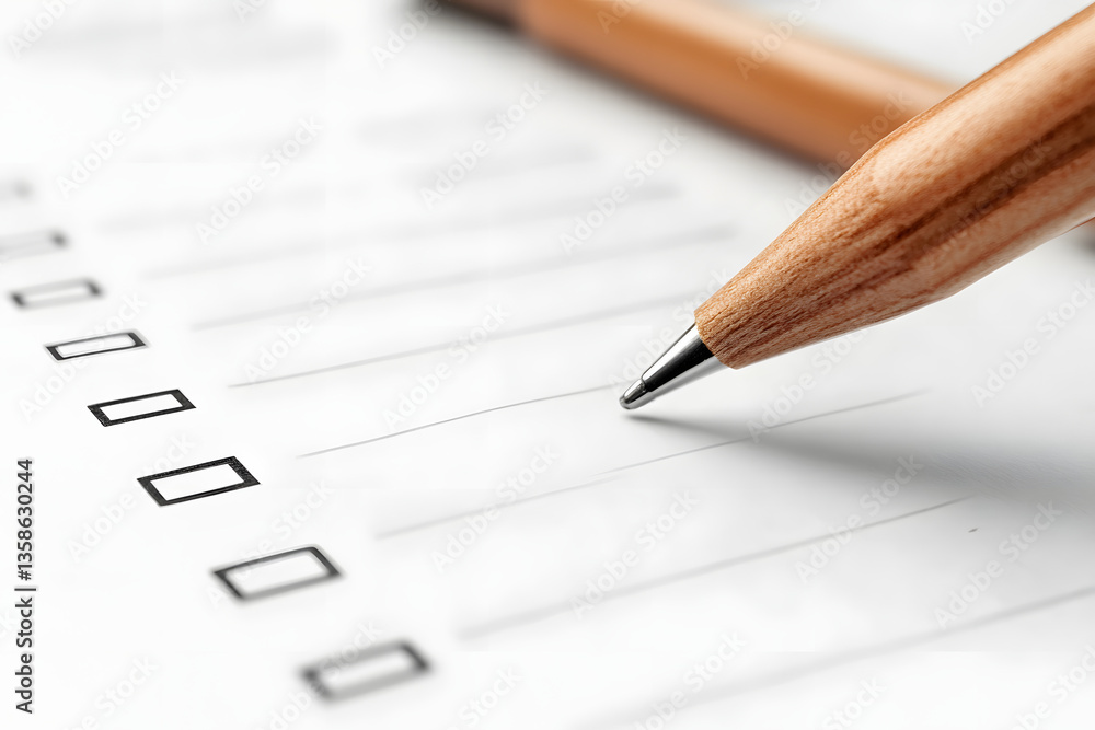 Close-up of a Wooden Pencil and Checkboxes on a Checklist Paper for Organization Close-up of a Wooden Pencil and Checkboxes on a Checklist Paper for Organization