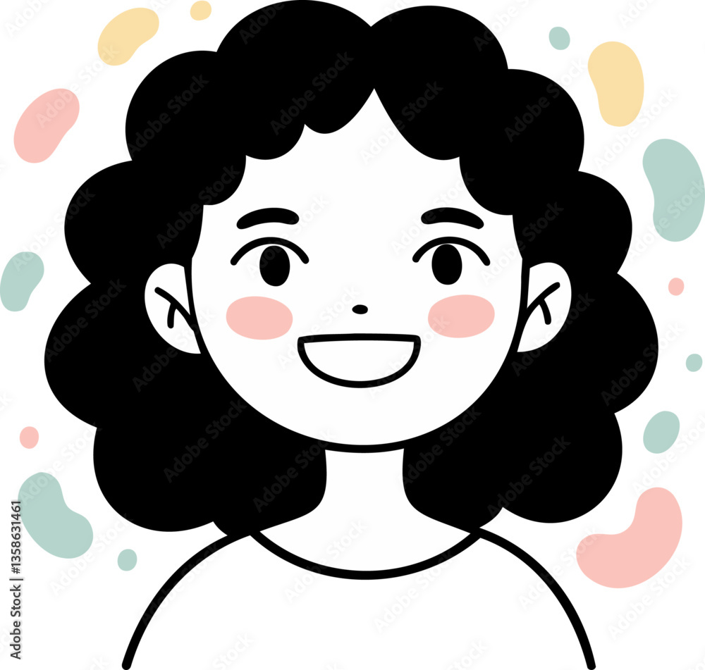 Smiling Cartoon Girl with Curly Hair and Abstract Shapes Smiling Cartoon Girl with Curly Hair and Abstract Shapes