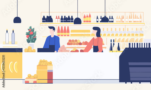 Minimalistic Supermarket Interior Illustration with Shelves and Cashiers in Flat Design