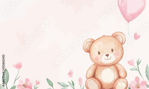 Minimalist Baby Shower Invitation with Teddy Bear and Balloon in Watercolor Style