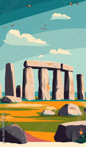 Retro Stonehenge England Travel Poster, European Summer Vacation Illustration