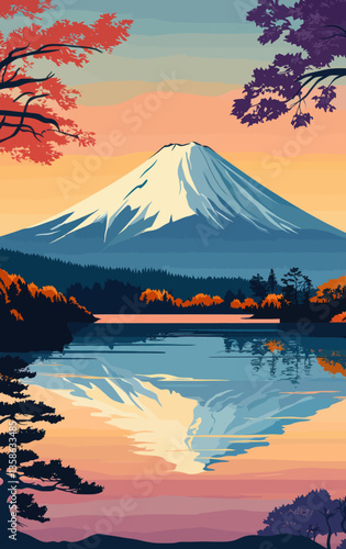 Retro Japan Travel Poster with Mount Fuji Landscape, Minimalist Vector Art for Summer Vacation
