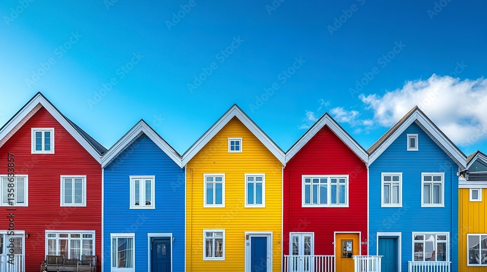 A harmonious collection of colorful houses in red, yellow, blue, and orange, their exteriors reflecting vibrant energy, framed by a pristine blue sky. A harmonious collection of colorful houses in red, yellow, blue, and orange, their exteriors reflecting vibrant energy, framed by a pristine blue sky.