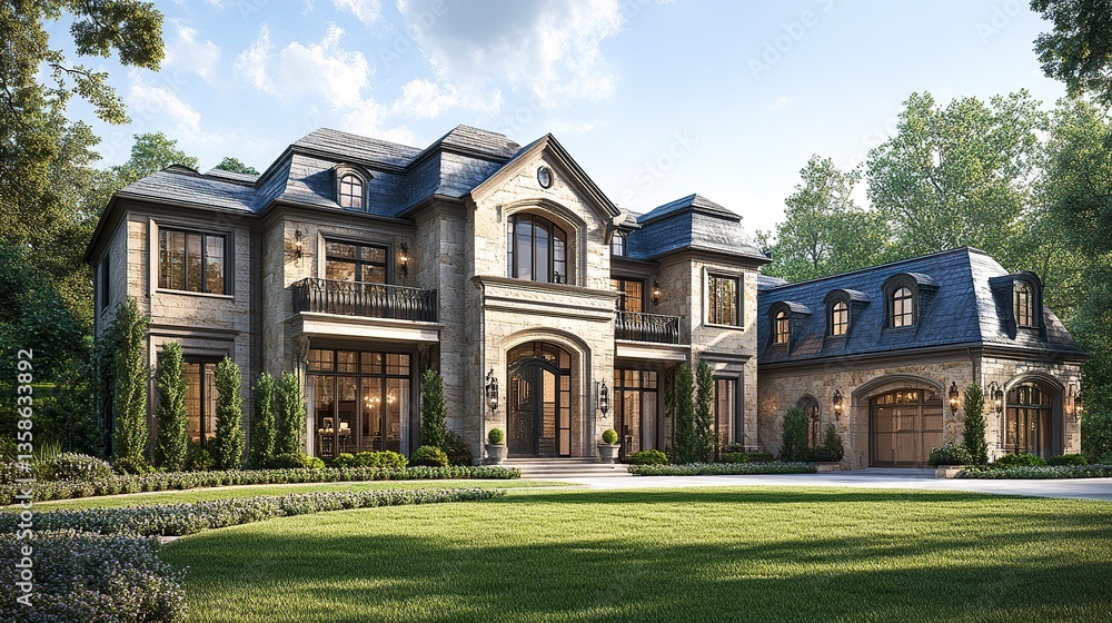 Fototapeta premium A high-end Dallas home with three stories, a pristine lawn, and large front yard trees, exuding luxury and sophistication in an exclusive neighborhood. 