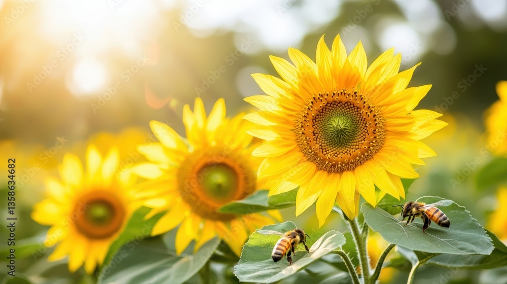 Fototapeta premium A field of organic sunflowers with bees pollinating, advertising style, copy space. Product photography with high resolution, advertising style