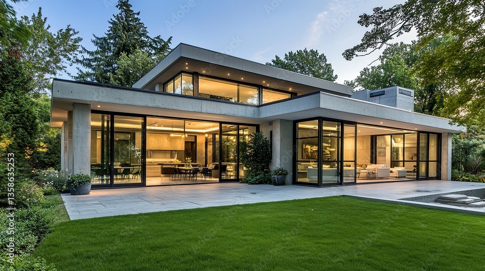 A luxurious concrete house with a combination of polished and raw concrete surfaces, large glass doors, and open-plan interiors, showcasing modern living. A luxurious concrete house with a combination of polished and raw concrete surfaces, large glass doors, and open-plan interiors, showcasing modern living.
